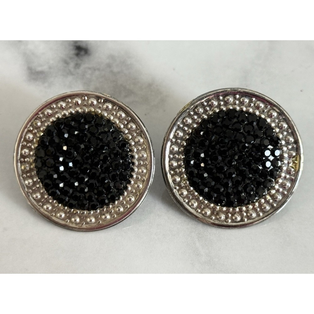 Vintage Richard Kerr Large Clip On Black Pave Rhinestone Earrings Silver Tone